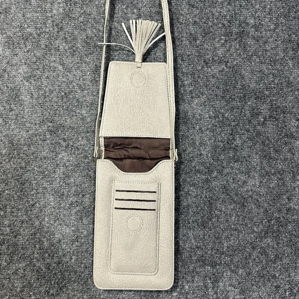 Crossbody Bag Purse on A String Phone Credit Cards Gray Faux Leather Tassel